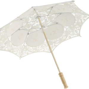 2 Pcs 12 Inch Lace Parasol Umbrella Wedding Umbrella for Bride Wedding Gift Photo Props Kids Gift White & Beige