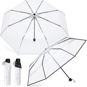 2 Pcs Clear Umbrella Transparent Portable Umbrella Compact Foldable Umbrella Manual Open Close Folding Umbrellas for Wedding Travel, Dating