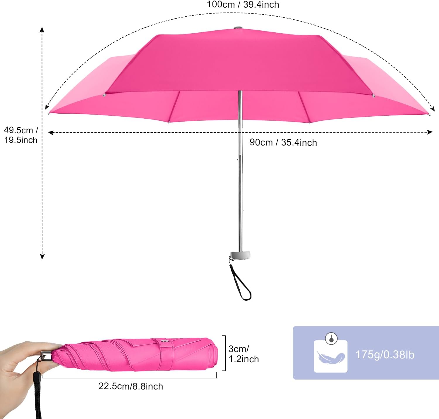 Travel Mini Umbrella for Purse - Black Compact Durable Cool Weight Flat Backpacking Umbrella Portable - Image 2