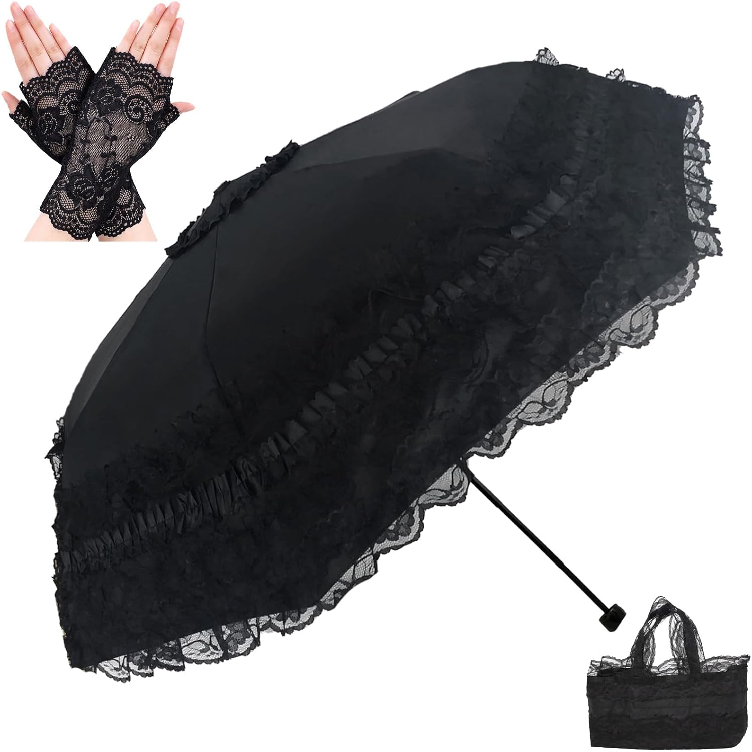 Vintage Lace Parasol Gothic Lolita Umbrella UV Sun Protection Witch Cosplay Photoshoot Props Party Dration