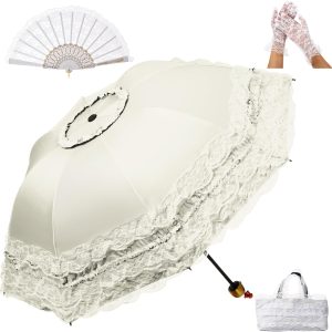 Princess Lace Parasol Gothic Lolita Umbrella Lace Gloves Fan Set Flower Printed Lining for Walking UV Sun Protection Christmas Wedding Dration Cosplay Photoshoot Props